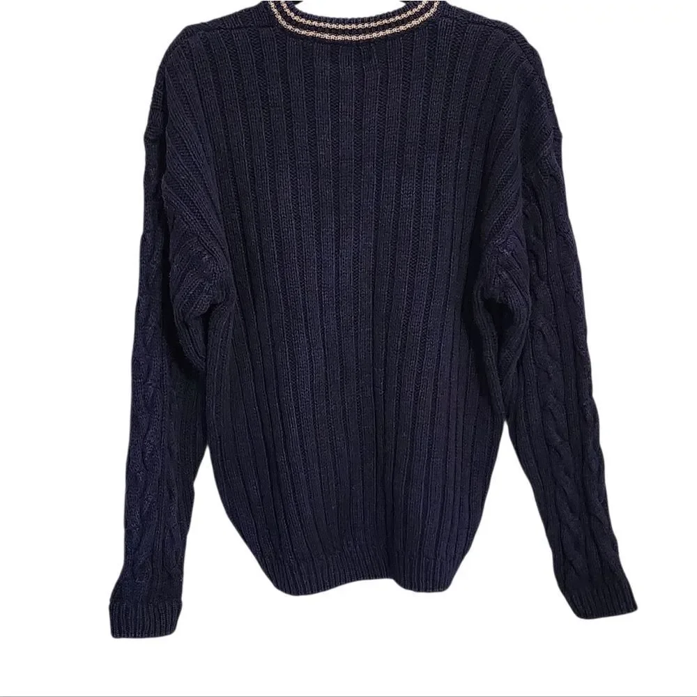 Vintage Mens Sweater M Navy Blue Old Money Preppy New England Cable Knit Chunky